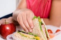 Child removing wholemeal sandwich out of lunchbox Royalty Free Stock Photo