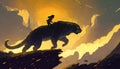 A child rides a panther in the mountains while yellow beams shine in the sky in the digital art style of an illustrated painting