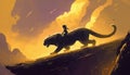 A child rides a panther in the mountains while yellow beams shine in the sky in the digital art style of an illustrated painting