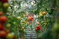 Child with ripe red tomatoes in the greenhouse. Concept healthy eating vegetables for kids Royalty Free Stock Photo