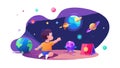 Child and Robot Exploring Toy Planets and Space, vector design Generative AI Royalty Free Stock Photo