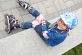 Child with roller skates and protective helmet