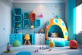 Child room. Child bedroom. Boy\'s and girl\'s room. Boys and girls. Colorful bedroom. Kids toys. Real estate. Renovation company. Royalty Free Stock Photo