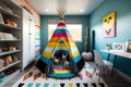child room with fun and colorful teepee, plush carpet, and art supplies Royalty Free Stock Photo