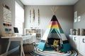 child room with fun and colorful teepee, plush carpet, and art supplies Royalty Free Stock Photo