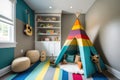 child room with fun and colorful teepee, plush carpet, and art supplies Royalty Free Stock Photo