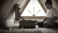 Child room in the house Loft. Boy plays toys from his magic dower chest