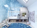 Child room, kids bedroom with blue carpet and toys