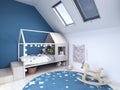 Child room, kids bedroom with blue carpet and toys Royalty Free Stock Photo