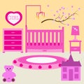 Child room for the newborn girl. Baby girl bedroom with furniture. Royalty Free Stock Photo