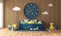 Child room with wall wood cladding panels and sofa bed