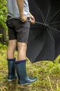 Child in rubber boots stands on a footpath in the puddle after t