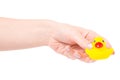 Child rubber duck in female hands