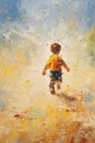 Child Running on Beach. In style of oil painting. Metaphorical associative card on theme of Happy childhood