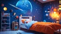 Child's bedroom interior is transformed into cosmic space scene, with planets, stars, and come