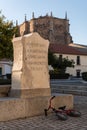 A child`s bicycle thrown next to monolith that marks the house where Hernan Cortes was born