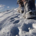 Child's boots making footprints in fresh snow Royalty Free Stock Photo