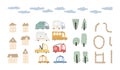 Child`s city cars set with cute houses and trees. Funny transport. Cartoon vector illustration in simple childish hand-drawn Royalty Free Stock Photo