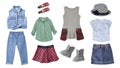 Child`s clothes isolated on white.Kid`s clothing collage.Girl`s wear.Fashion apparel Royalty Free Stock Photo