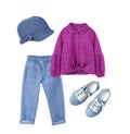 Child`s clothes set isolated on white.Kid`s fashion clothing collage Royalty Free Stock Photo