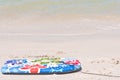 Child`s colorful surfboard with a collection of seashells on top, arranged in rows