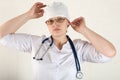 The child`s doctor is preparing to receive patients in his office. Happy children are very fond of a good pediatrician. Close up Royalty Free Stock Photo