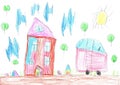 Child drawing of the buildings and cars. Pencil art in childish style