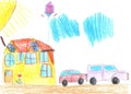 Child drawing of the buildings and cars. Pencil art in childish style