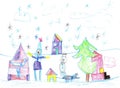 Child`s drawing.Children play with snow outside christmas tree.Vacation, holiday, New year, Christmas Royalty Free Stock Photo