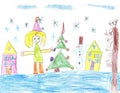 Child`s drawing.Children play with snow outside christmas tree.Vacation, holiday, New year, Christmas