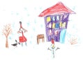 Child`s drawing.Children play with snow outside christmas tree.Vacation, holiday, New year, Christmas Royalty Free Stock Photo