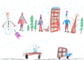 Child drawing.Children play with snow outside christmas tree.Vacation, holiday, New year, Christmas Royalty Free Stock Photo