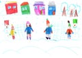 Child drawing.Children play with snow outside christmas tree.Vacation, holiday, New year, Christmas Royalty Free Stock Photo