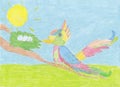 Child`s drawing; Color bird with eggs on the tree`s branch