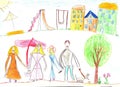 Child`s drawing family. House, trees and bench Royalty Free Stock Photo