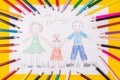 Child`s drawing of a family. Mom, dad and child are drawn with pencils on a sheet of paper on a yellow background Royalty Free Stock Photo