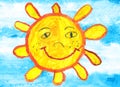 Child's Drawing Of A Funny Sun Over Blue Sky