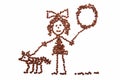 Child's drawing girl with a balloon walking with a dog from coffee beans