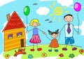 Child's drawing happy family with dog. Father, mother, daughter and their house. Royalty Free Stock Photo