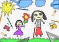 Child's drawing a happy girl gives flower for mother's day