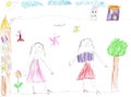 Child`s drawing of a happy girls outdoors Royalty Free Stock Photo