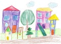 Child`s drawing. House, trees and bench Royalty Free Stock Photo