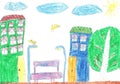 Child`s drawing. House, trees and bench Royalty Free Stock Photo