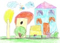 Child`s drawing. House, trees and bench Royalty Free Stock Photo