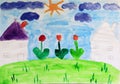 Child`s drawing of houses and flowers. Colored and bright child`s drawing