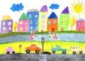 Child`s drawing happy family, building, car Royalty Free Stock Photo