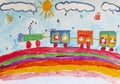 Child`s drawing of merry train traveling along rainbow in rain. Children`s art