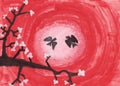 Child s drawing.Sakura.A branch of cherry blossoms with birds at sunset. Royalty Free Stock Photo