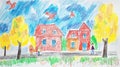 Child\'s drawing of two houses and trees with crayon birds in the sky
