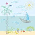 A child's drawing in vector. Sun, sea, beach, sailing away, vaca Royalty Free Stock Photo